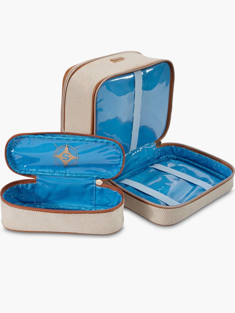3 Piece Stephanie Johnson Cream and Blue Cosmetic Train Case Set - Picture 2 of 11